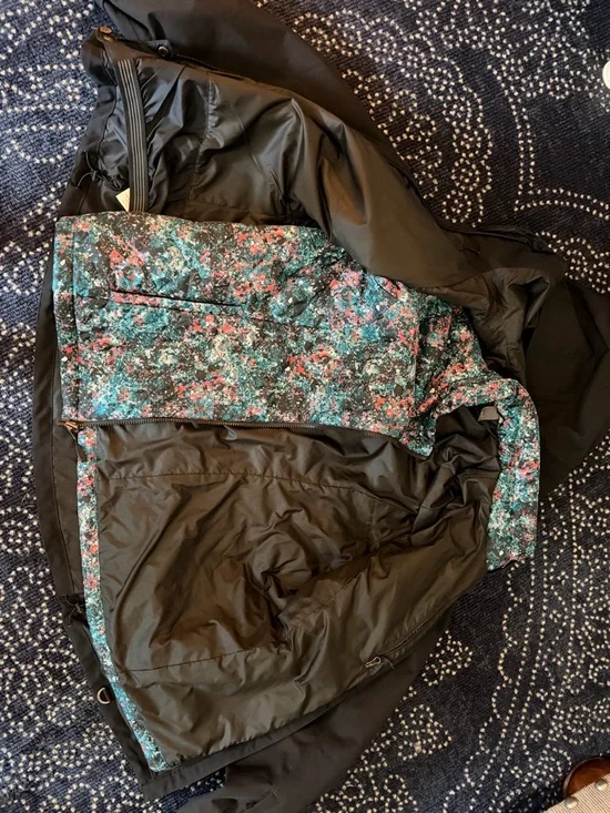 Eddie Bauer Black Hooded Raincoat with Floral Trim - Picture 3 of 5